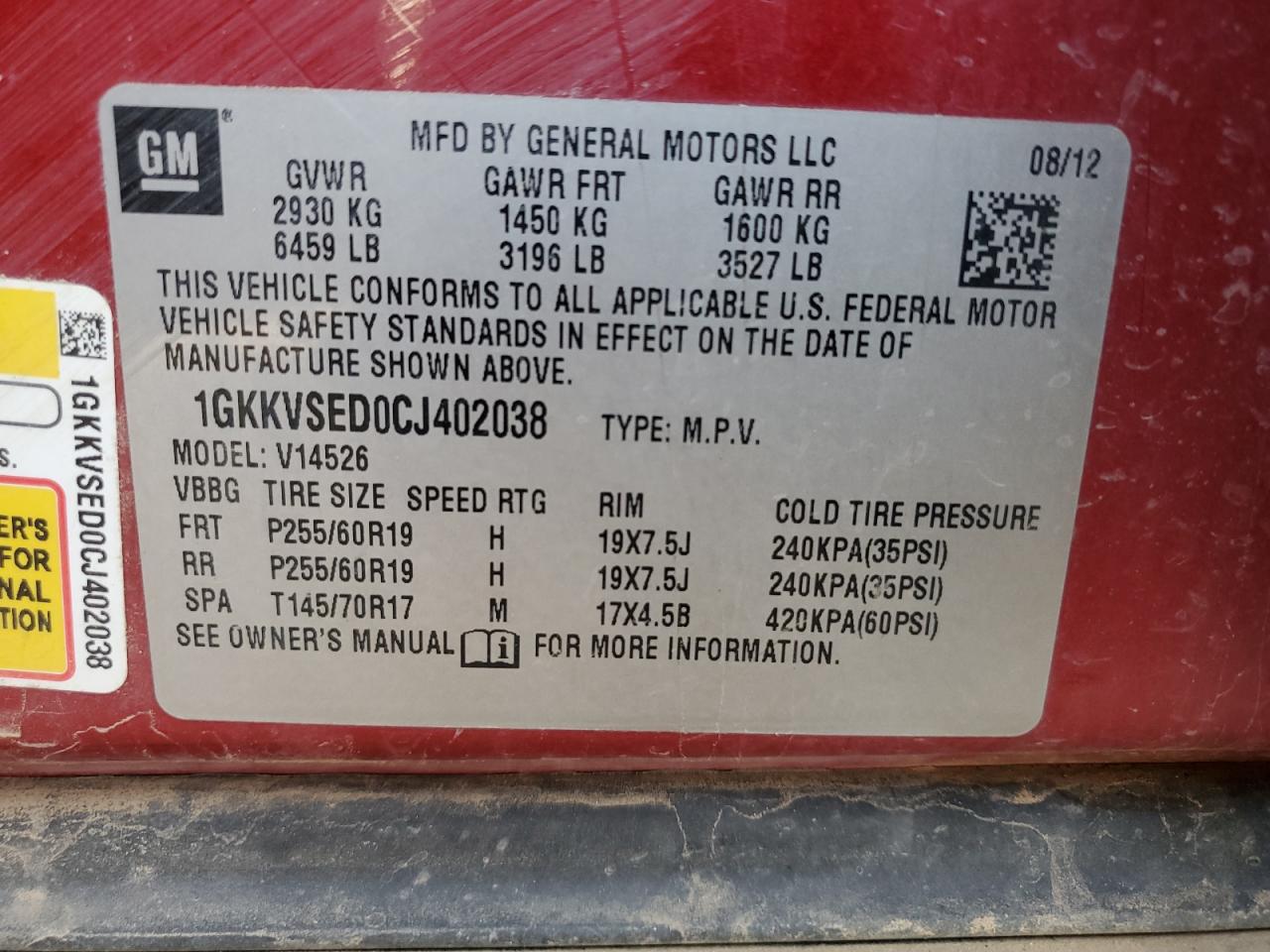 2012 GMC Acadia Slt-2 VIN: 1GKKVSED0CJ402038 Lot: 81814325