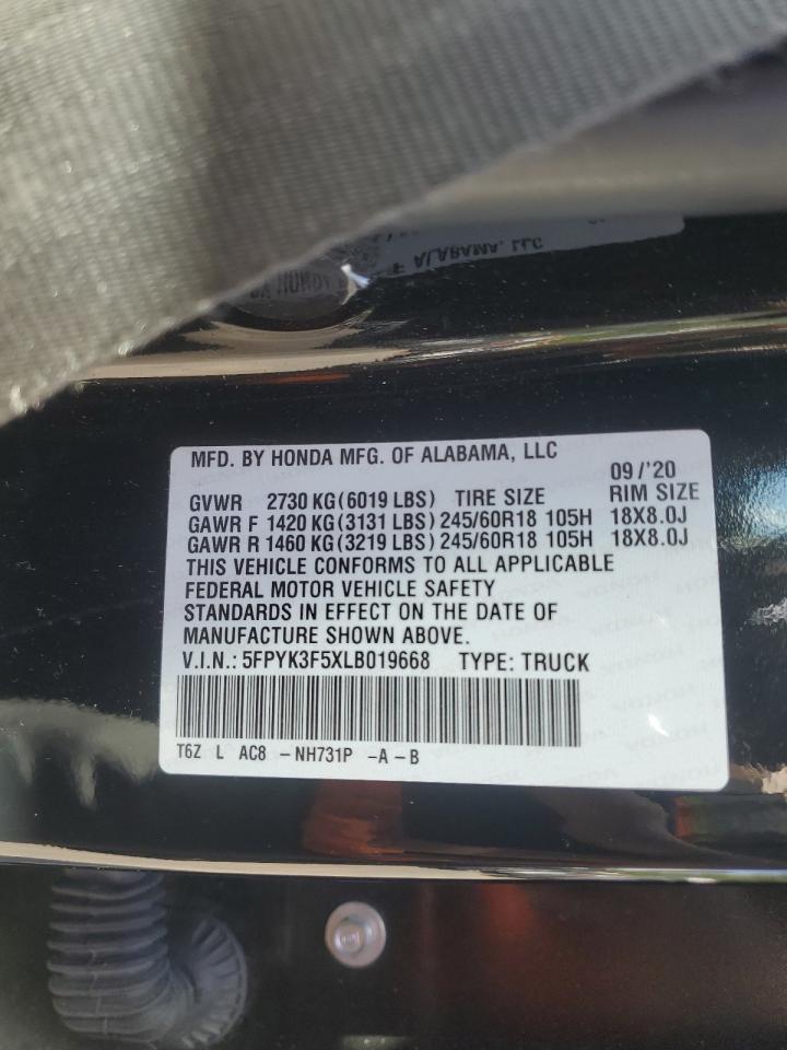2020 Honda Ridgeline Rtl VIN: 5FPYK3F5XLB019668 Lot: 84262585
