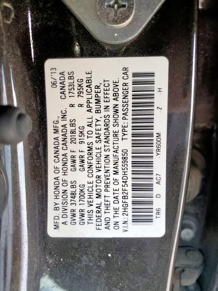 2013 Honda Civic Lx VIN: 2HGFB2F54DH559850 Lot: 72099825