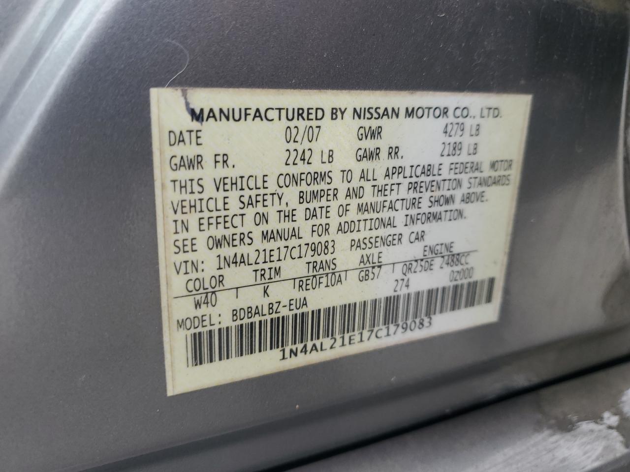 2007 Nissan Altima 2.5 VIN: 1N4AL21E17C179083 Lot: 81950455