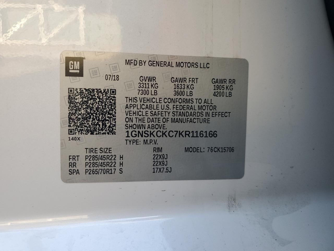 2019 Chevrolet Tahoe K1500 Premier VIN: 1GNSKCKC7KR116166 Lot: 84035245