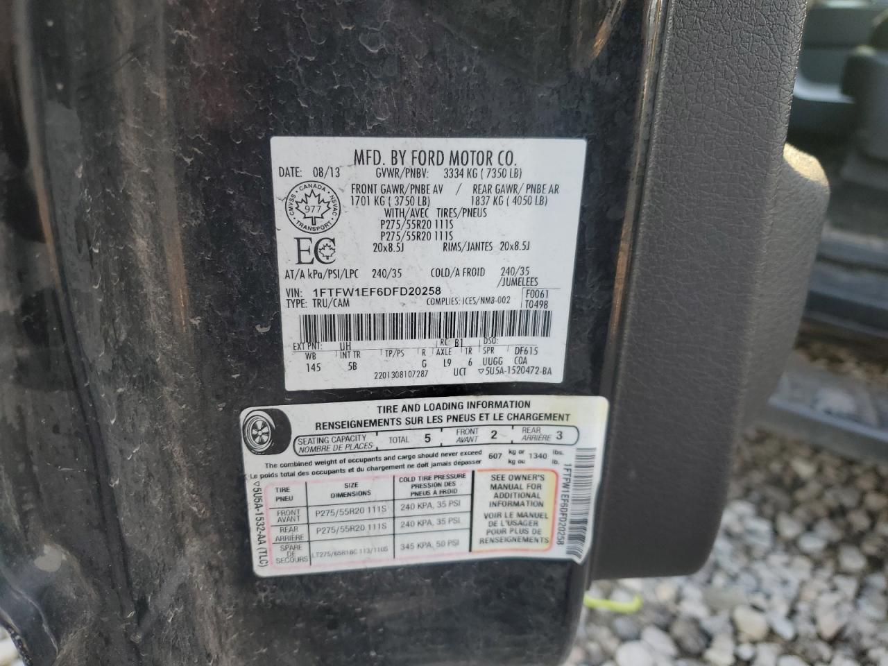 2013 Ford F150 Supercrew VIN: 1FTFW1EF6DFD20258 Lot: 81785475