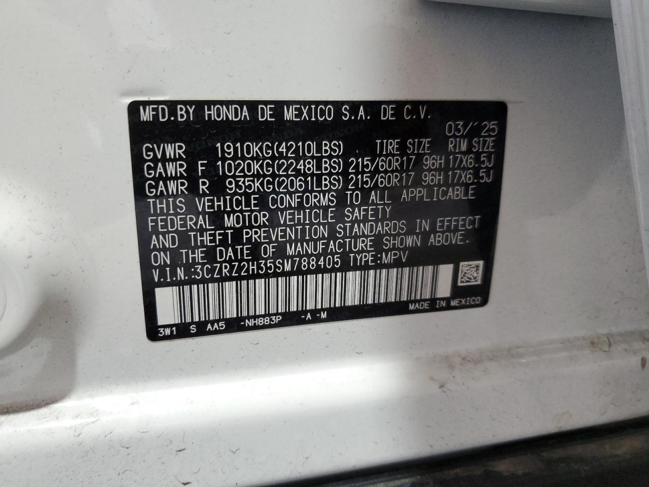 2025 Honda Hr-V Lx VIN: 3CZRZ2H35SM788405 Lot: 71149645