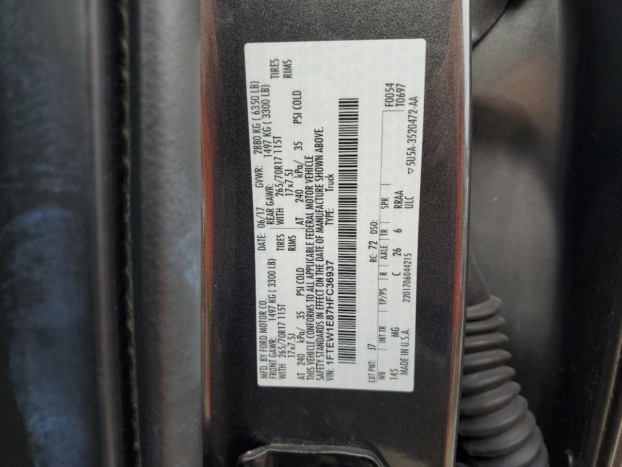 2017 Ford F150 Supercrew VIN: 1FTEW1E87HFC36937 Lot: 80500345