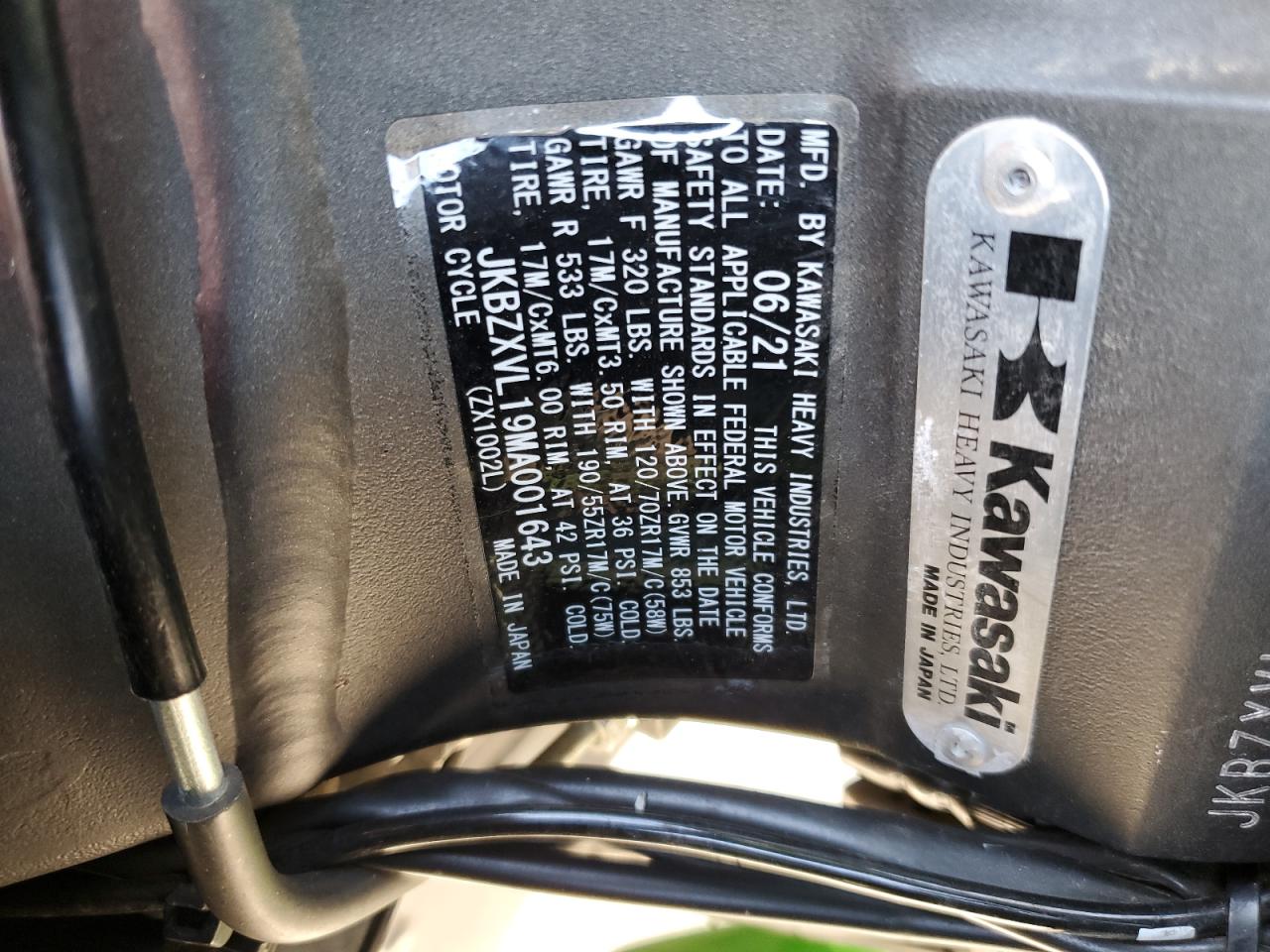 2021 Kawasaki Zx1002 L VIN: JKBZXVL19MA001643 Lot: 81260415