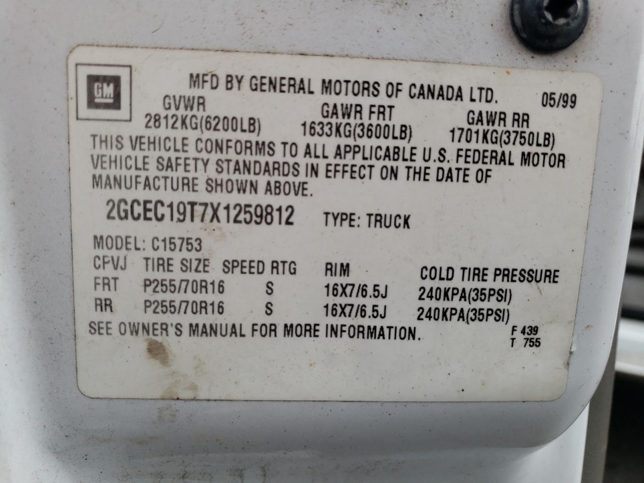 1999 Chevrolet Silverado C1500 VIN: 2GCEC19T7X1259812 Lot: 71826545