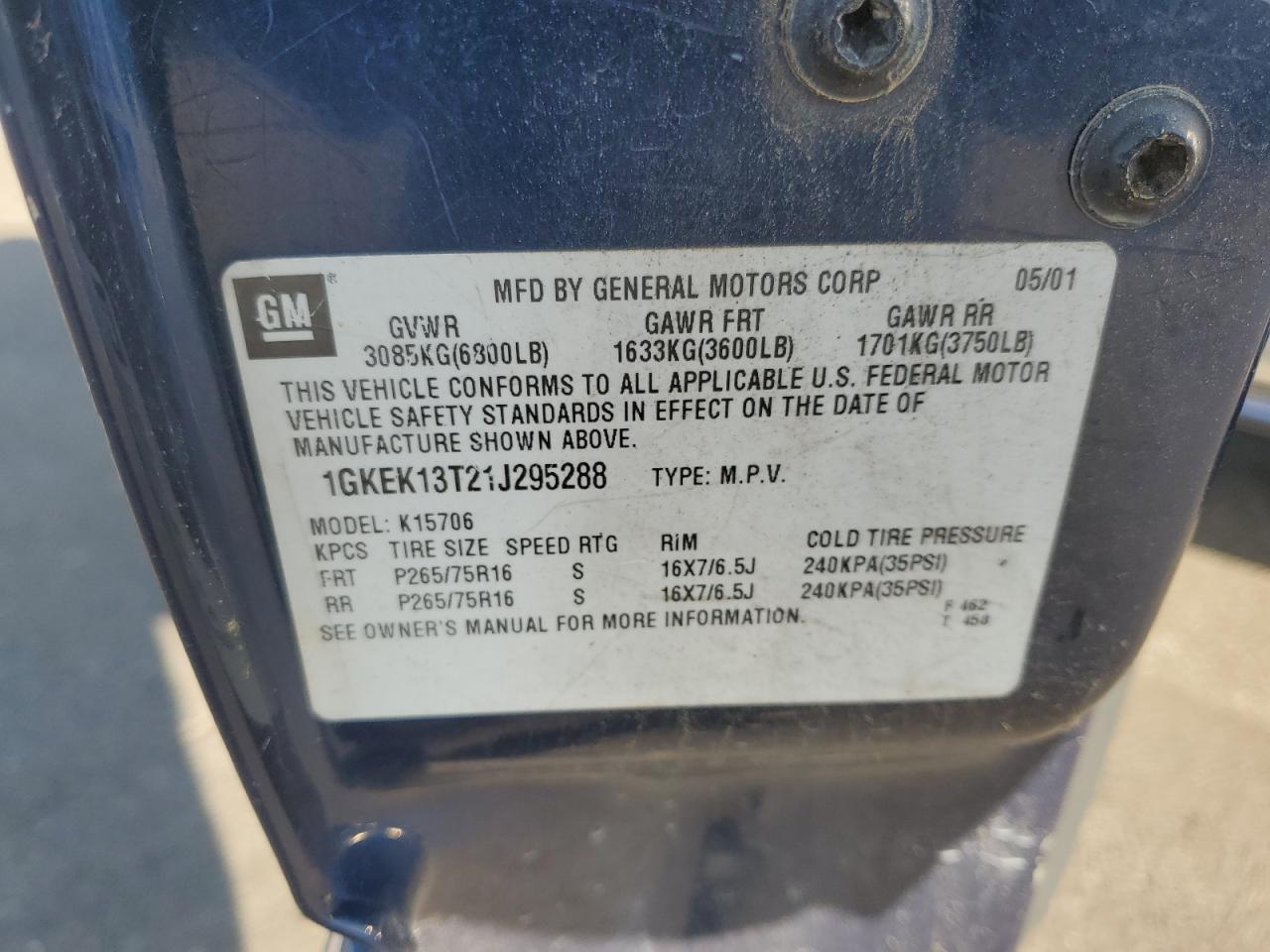 2001 GMC Yukon VIN: 1GKEK13T21J295288 Lot: 69704615