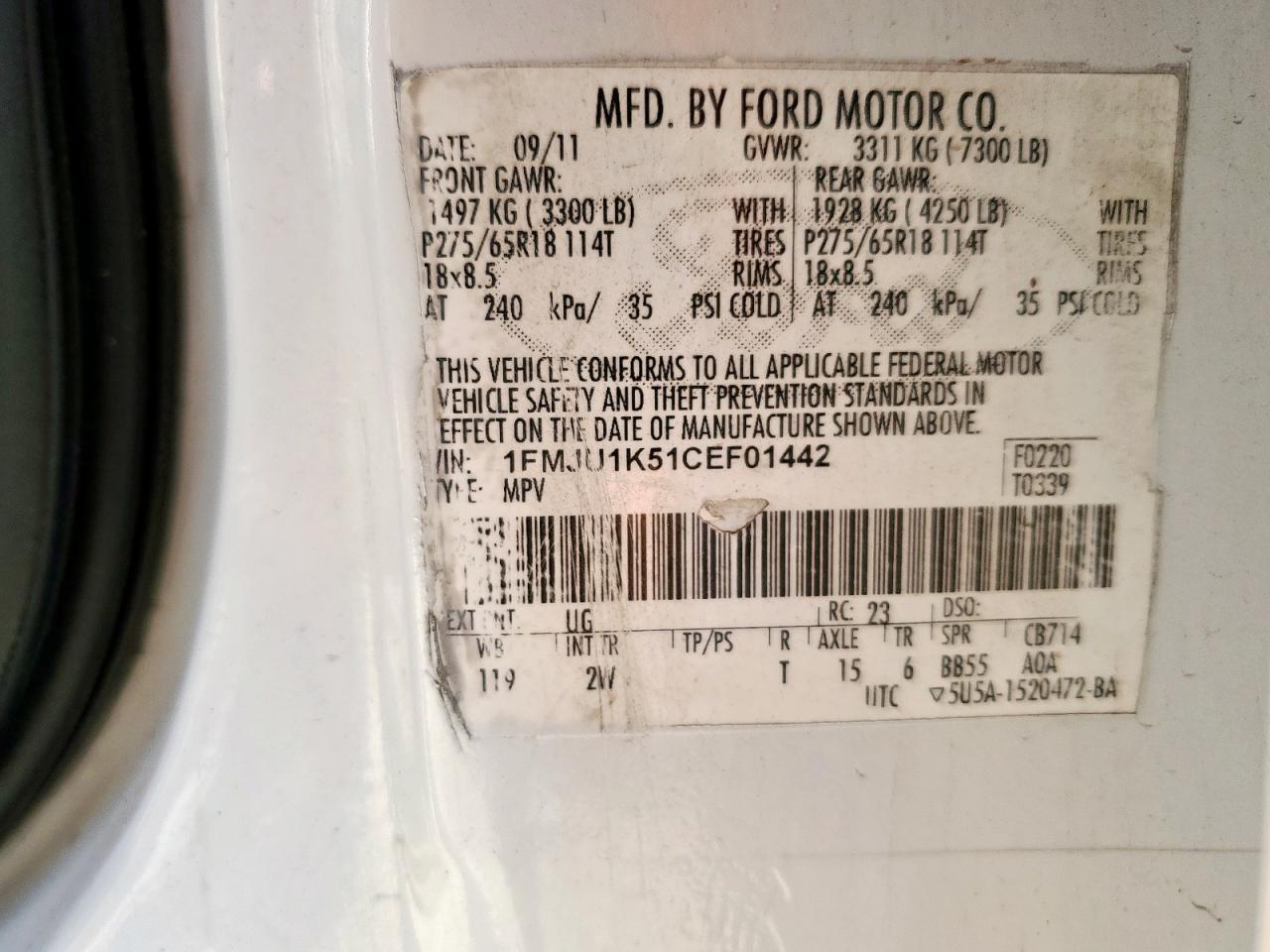 2012 Ford Expedition Limited VIN: 1FMJU1K51CEF01442 Lot: 71653995