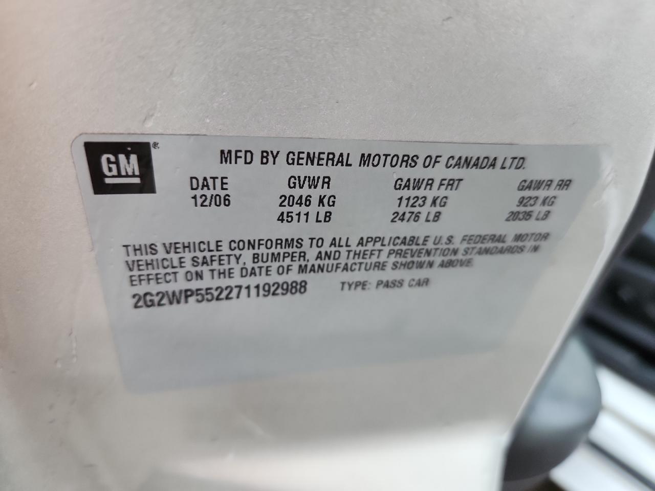 2007 Pontiac Grand Prix VIN: 2G2WP552271192988 Lot: 80184385