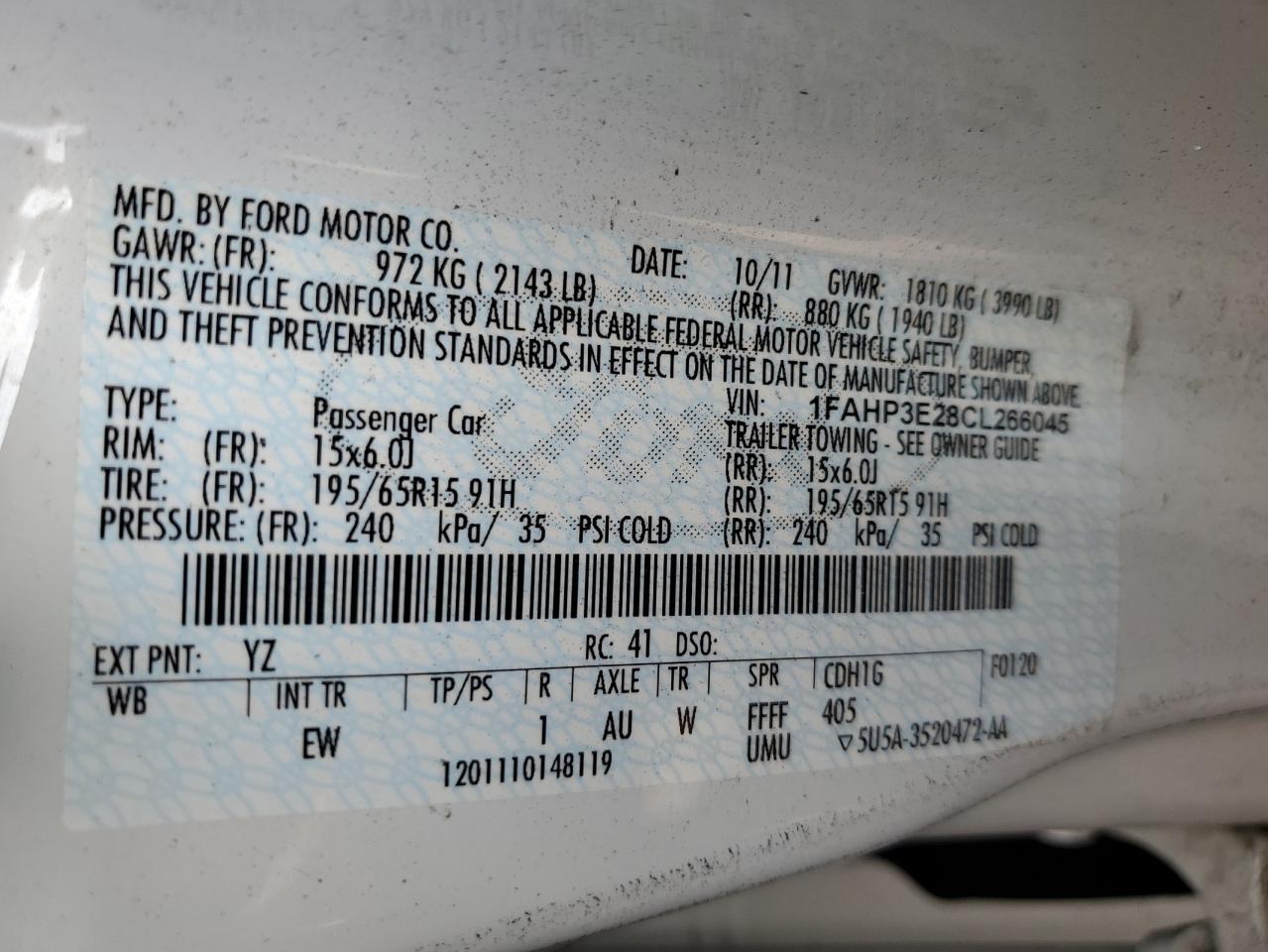 2012 Ford Focus S VIN: 1FAHP3E28CL266045 Lot: 71688485