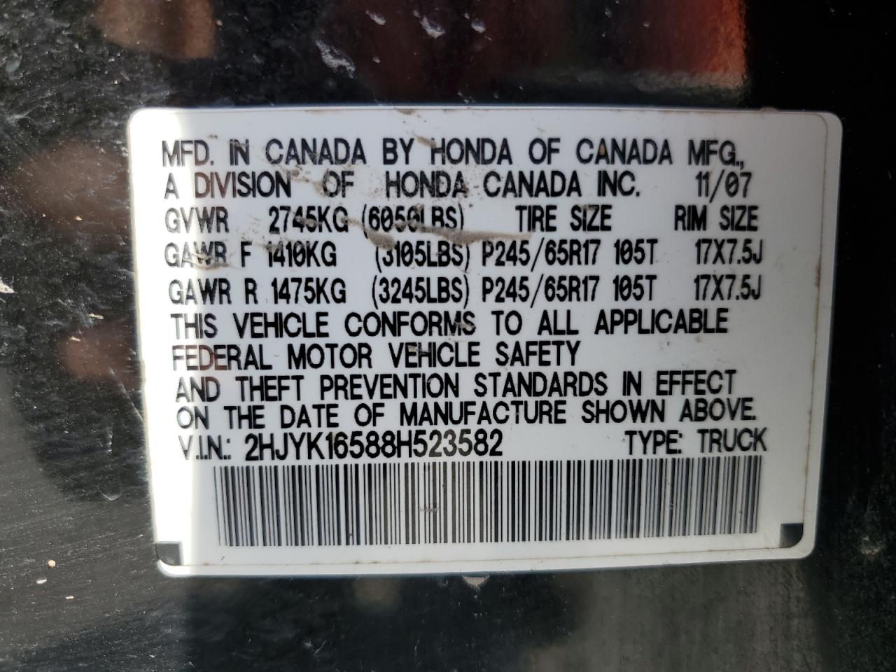 2008 Honda Ridgeline Rtl VIN: 2HJYK16588H523582 Lot: 80750535