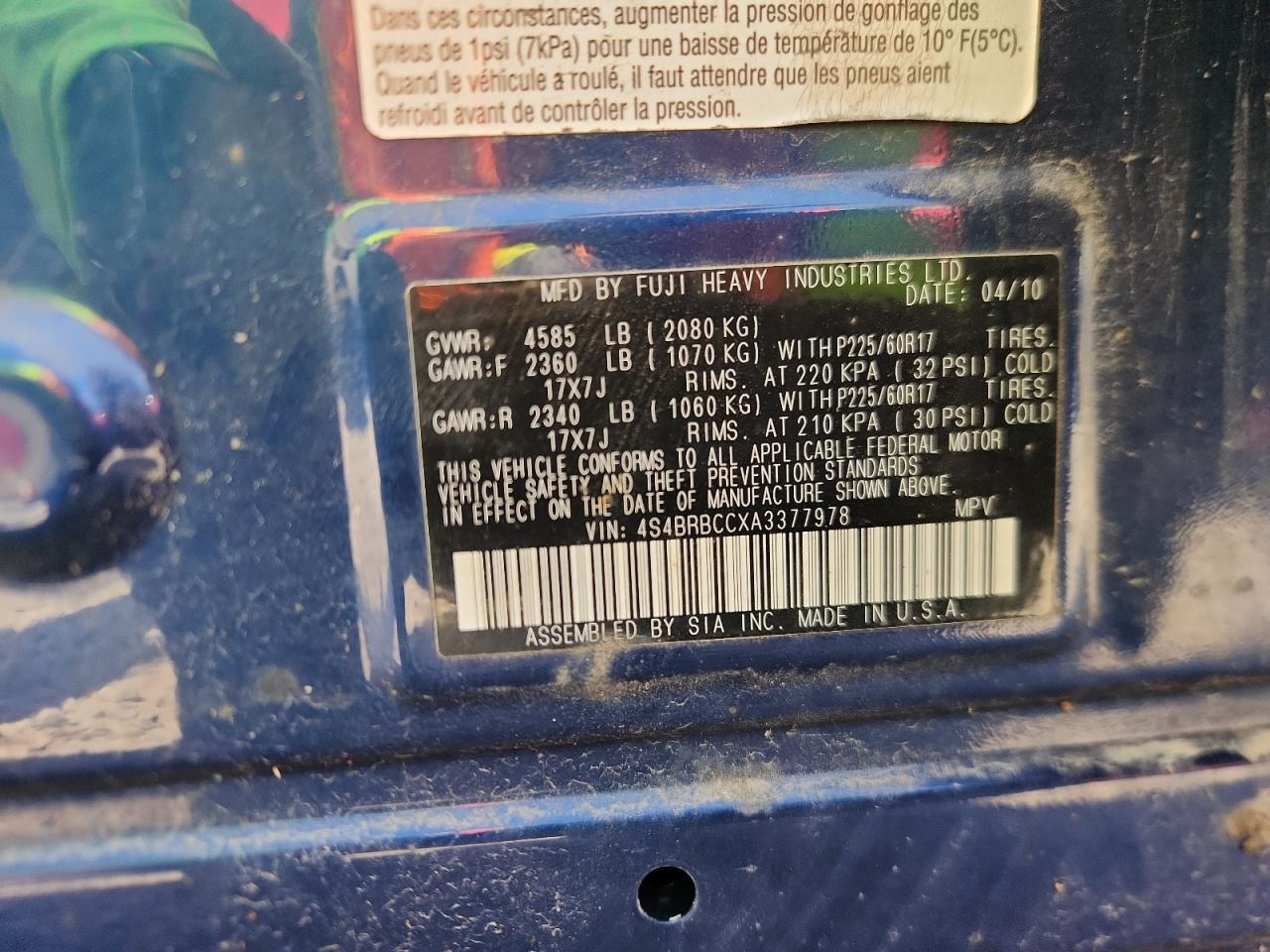 2010 Subaru Outback 2.5I Premium VIN: 4S4BRBCCXA3377978 Lot: 71886415