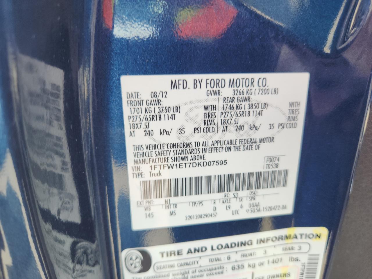 2013 Ford F150 Supercrew VIN: 1FTFW1ET7DKD07595 Lot: 81289735