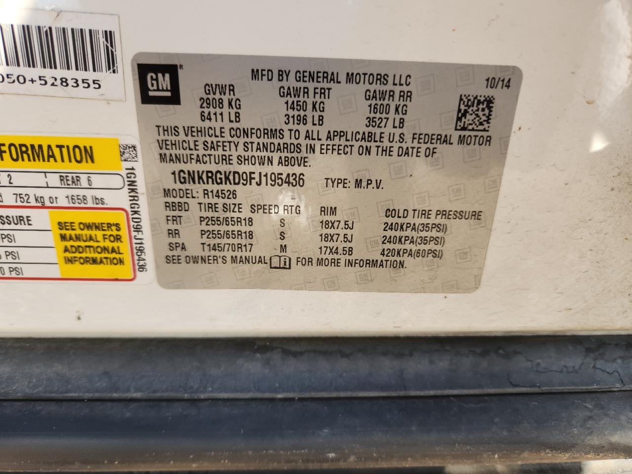 2015 Chevrolet Traverse Lt VIN: 1GNKRGKD9FJ195436 Lot: 71267305