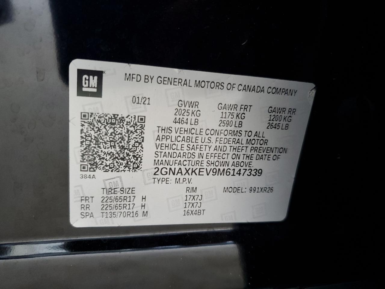 2021 Chevrolet Equinox Lt VIN: 2GNAXKEV9M6147339 Lot: 70848575