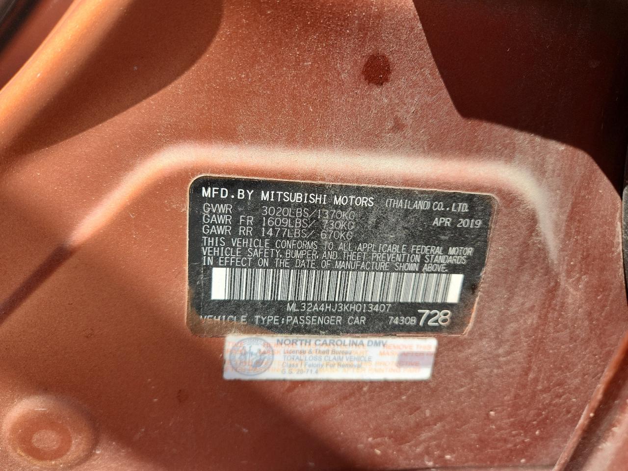 2019 Mitsubishi Mirage Se VIN: ML32A4HJ3KH013407 Lot: 81667825