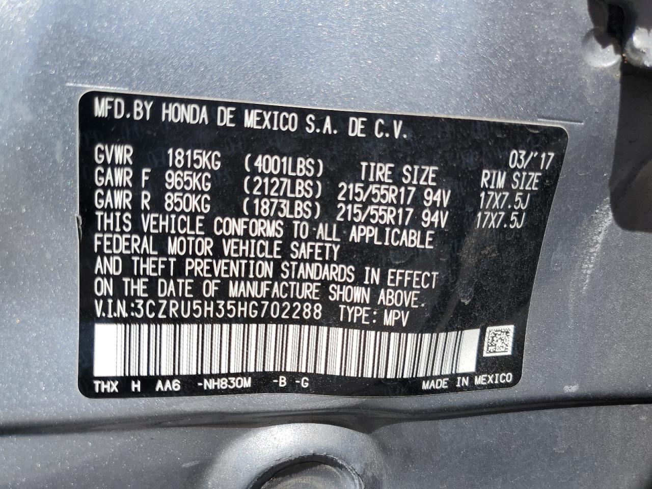 2017 Honda Hr-V Lx VIN: 3CZRU5H35HG702288 Lot: 71286505