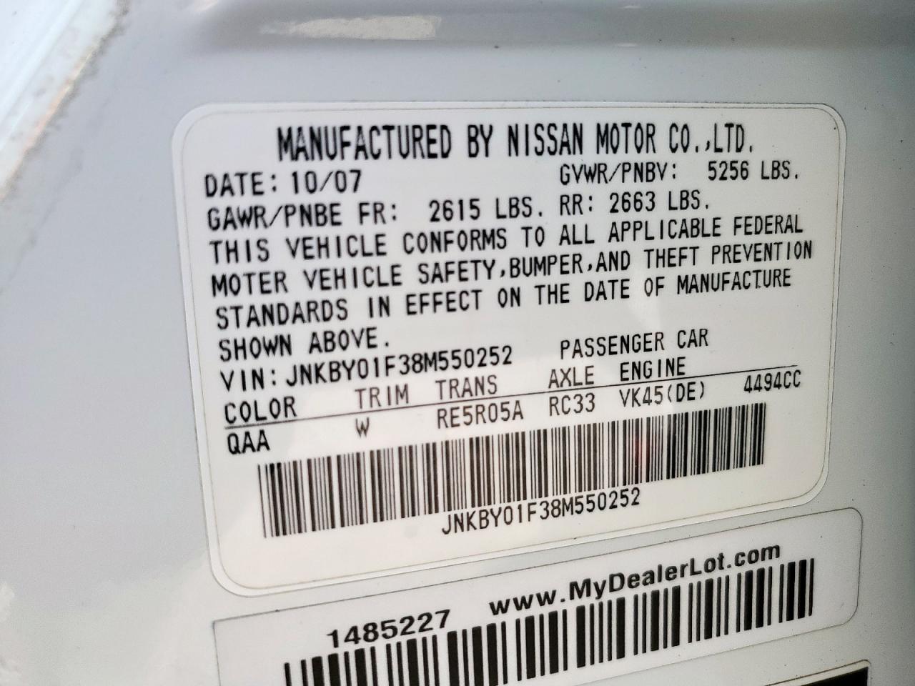 2008 Infiniti M45 VIN: JNKBY01F38M550252 Lot: 81736705