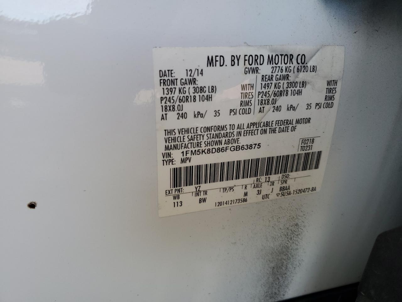 2015 Ford Explorer Xlt VIN: 1FM5K8D86FGB63875 Lot: 81152135