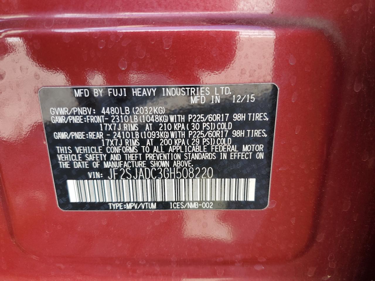 2016 Subaru Forester 2.5I Premium VIN: JF2SJADC3GH508220 Lot: 81603225