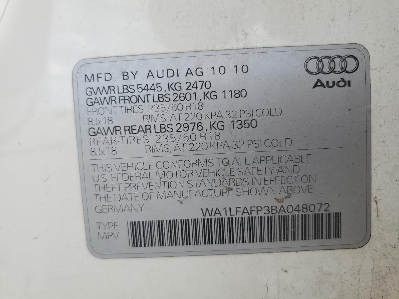2011 Audi Q5 Premium Plus VIN: WA1LFAFP3BA048072 Lot: 71842375