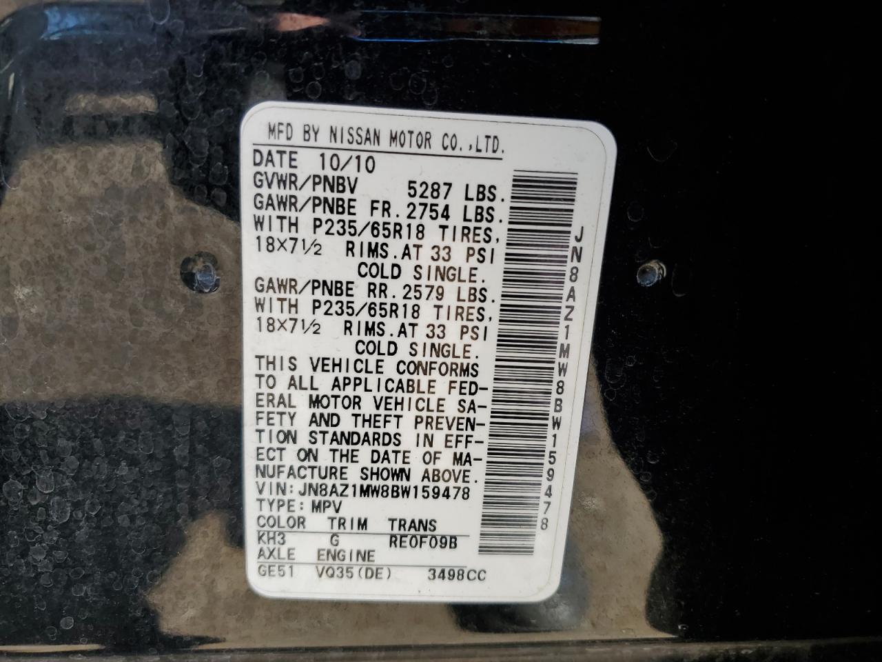 2011 Nissan Murano S VIN: JN8AZ1MW8BW159478 Lot: 80990635