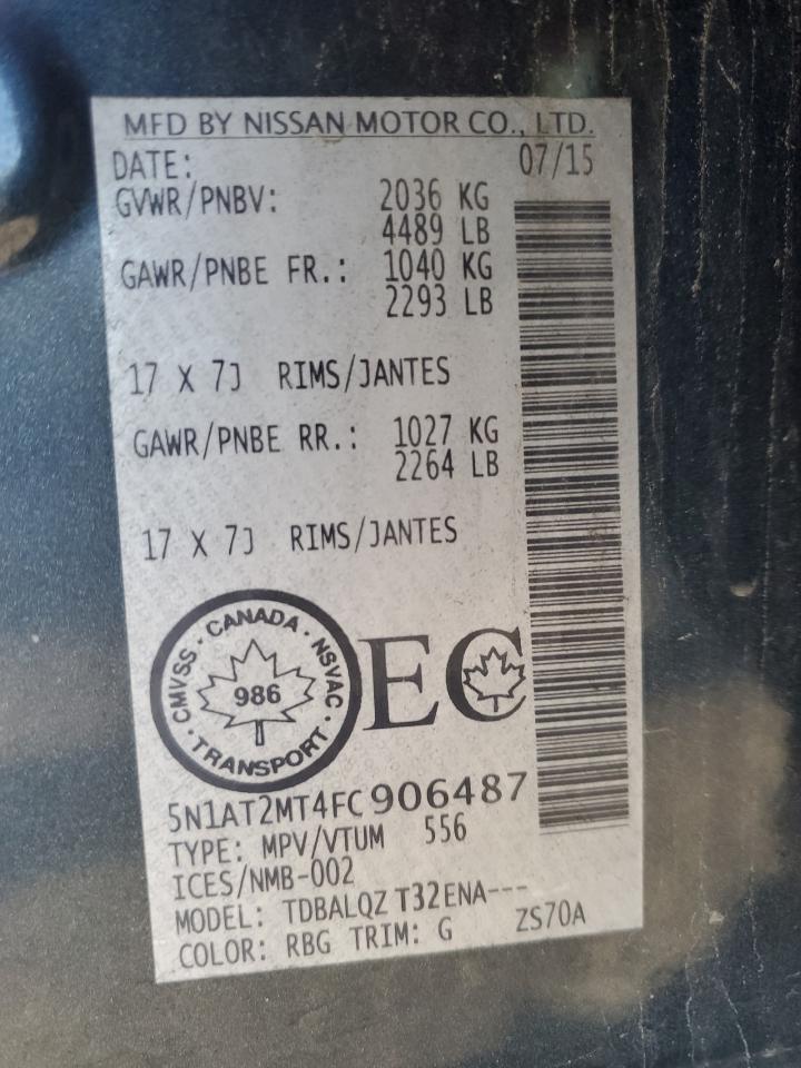 2015 Nissan Rogue S VIN: 5N1AT2MT4FC906487 Lot: 84414325