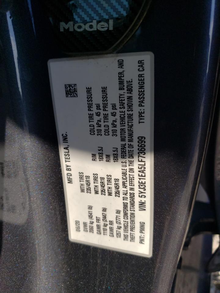 2020 Tesla Model 3 VIN: 5YJ3E1EA5LF736699 Lot: 81386685