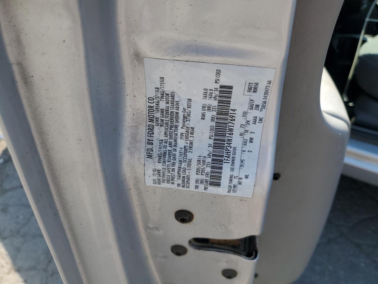 2006 Ford Focus Zx4 VIN: 1FAHP34N16W176914 Lot: 80096755