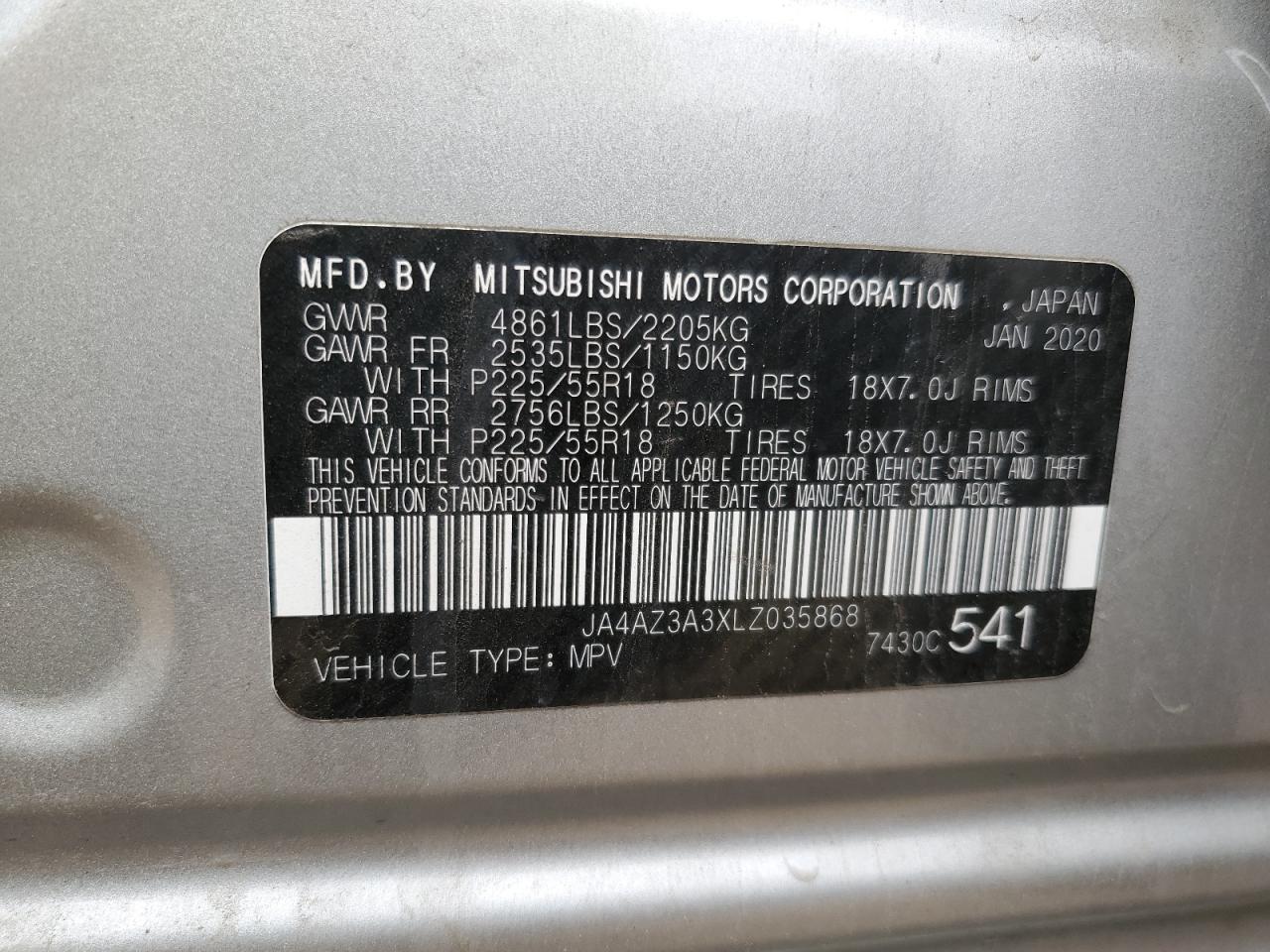 2020 Mitsubishi Outlander Se VIN: JA4AZ3A3XLZ035868 Lot: 71918385