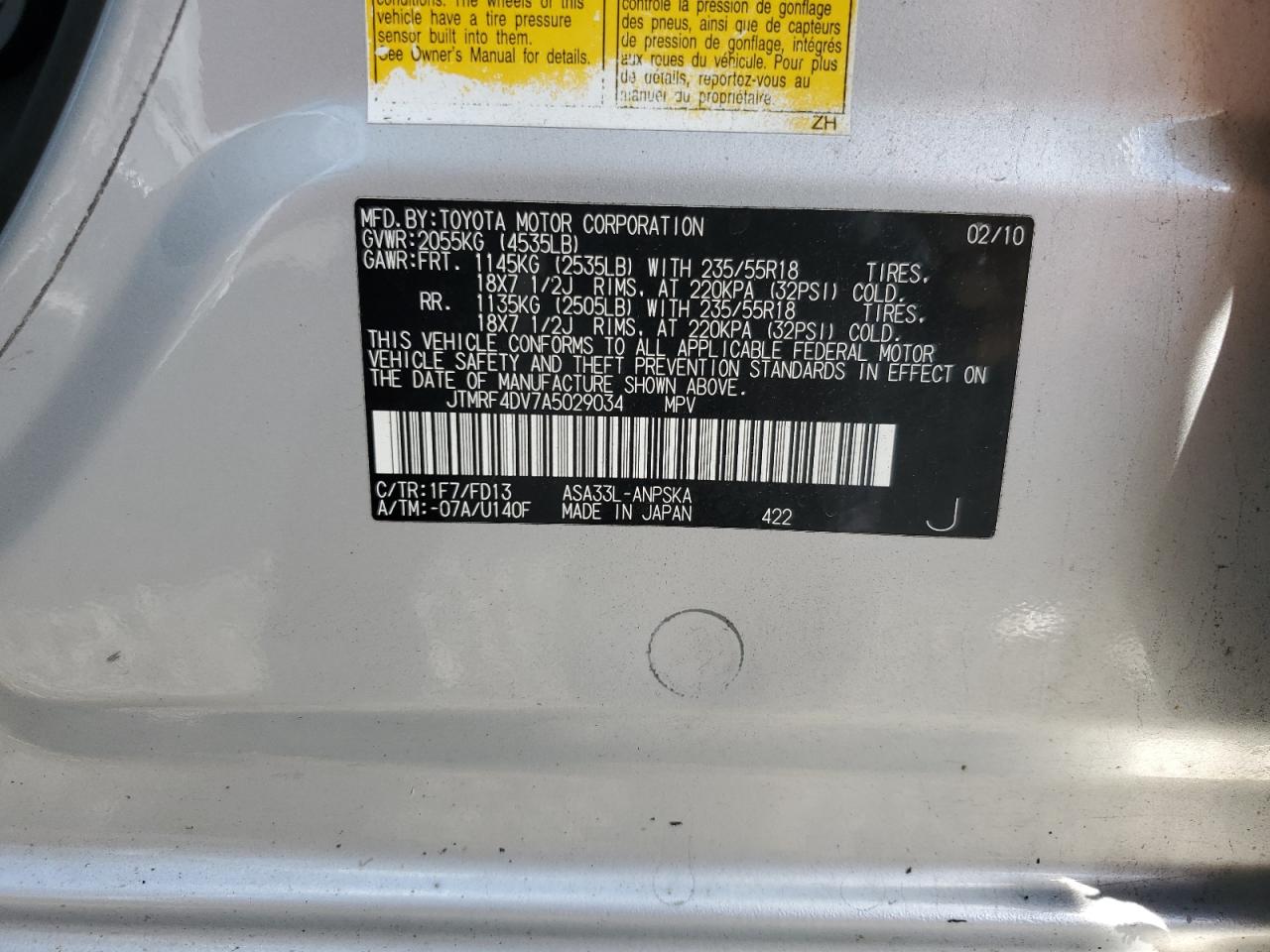 2010 Toyota Rav4 Sport VIN: JTMRF4DV7A5029034 Lot: 82070535