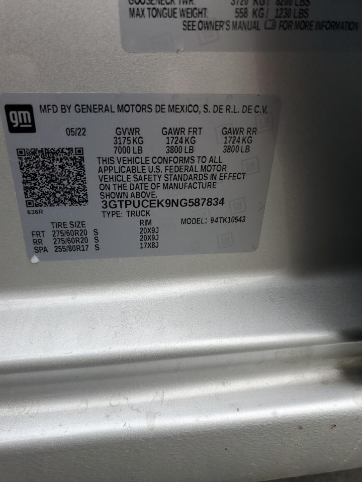 2022 GMC Sierra K1500 Elevation VIN: 3GTPUCEK9NG587834 Lot: 80699275