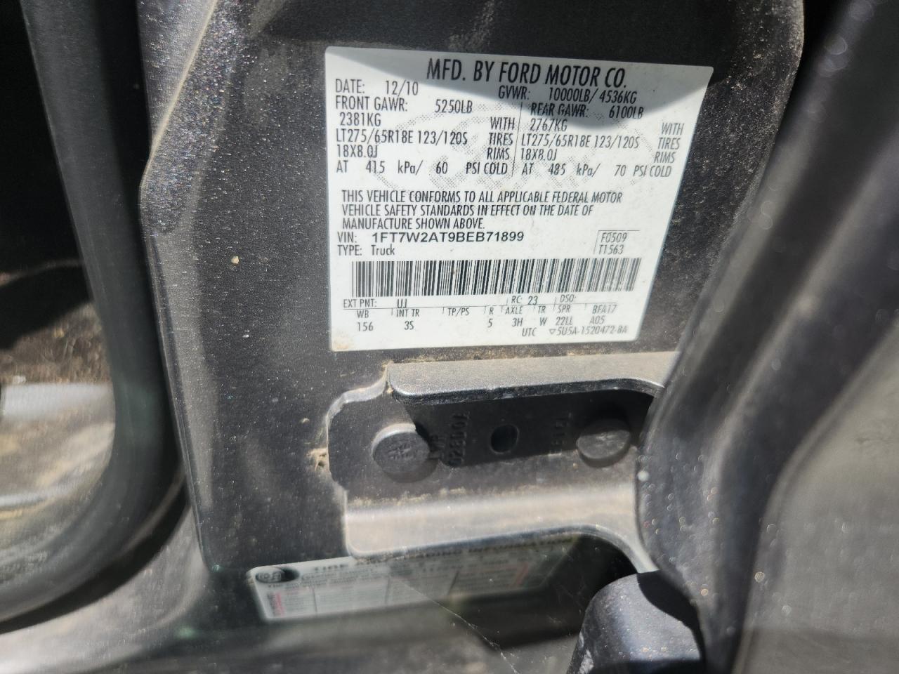 2011 Ford F250 Super Duty VIN: 1FT7W2AT9BEB71899 Lot: 72065565