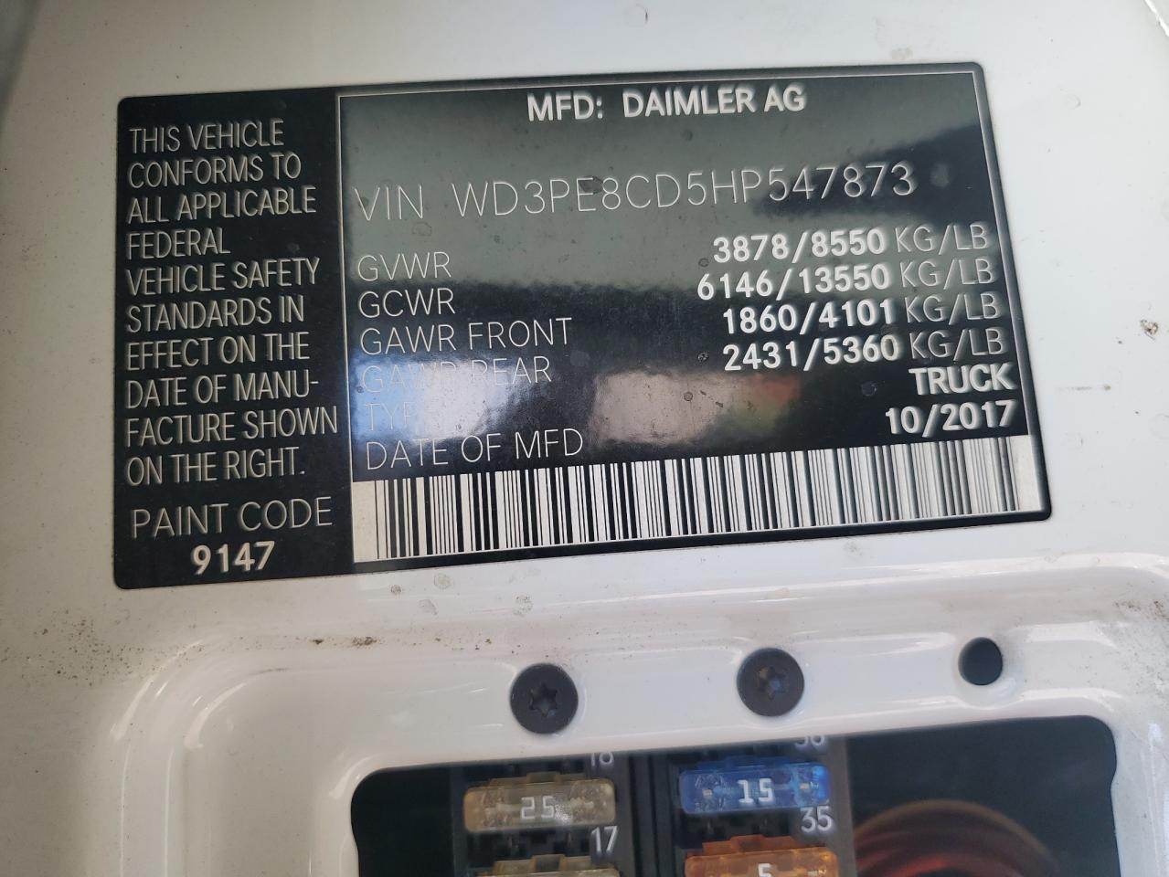 2017 Mercedes-Benz Sprinter 2500 VIN: WD3PE8CD5HP547873 Lot: 81145755