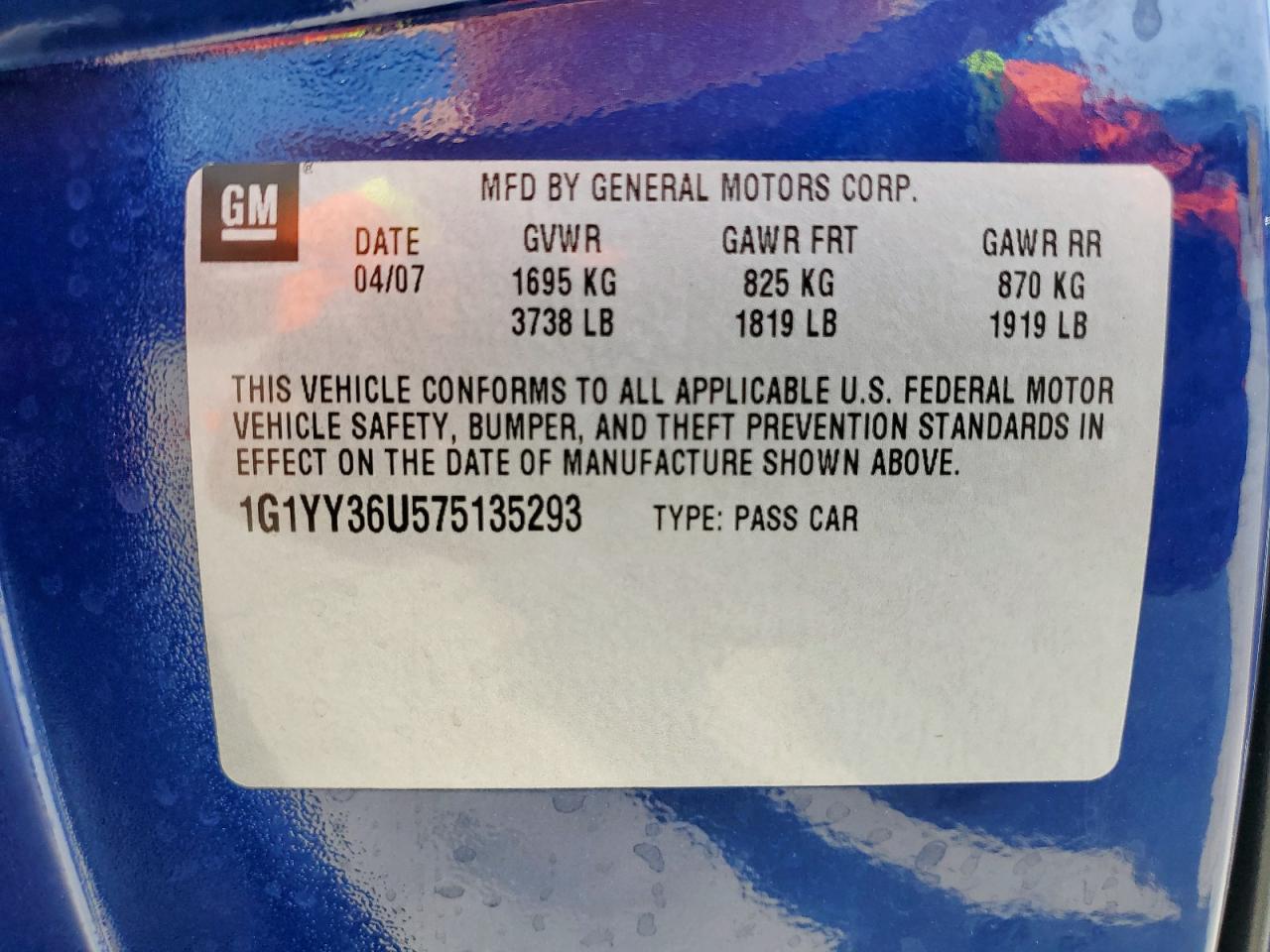 2007 Chevrolet Corvette VIN: 1G1YY36U575135293 Lot: 71694715