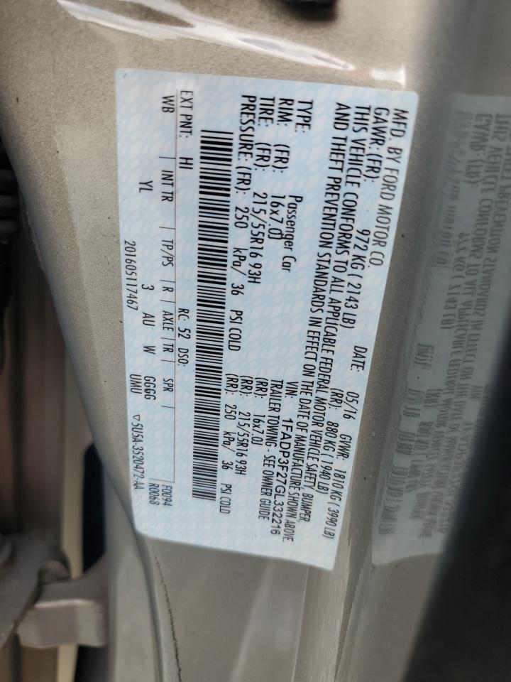 2016 Ford Focus Se VIN: 1FADP3F27GL332216 Lot: 84287835