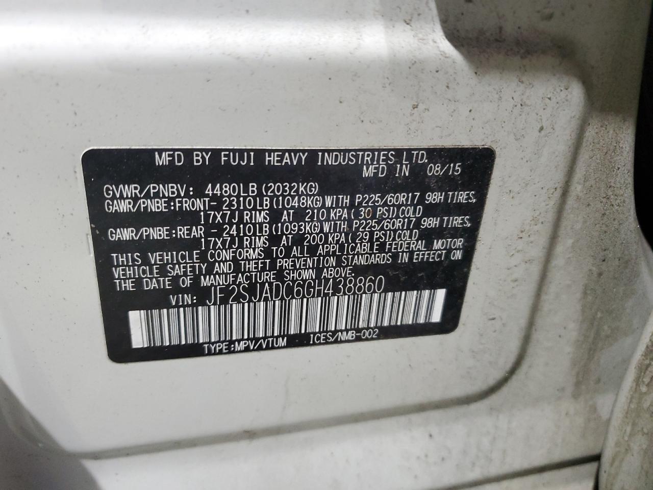 2016 Subaru Forester 2.5I Premium VIN: JF2SJADC6GH438860 Lot: 84725555