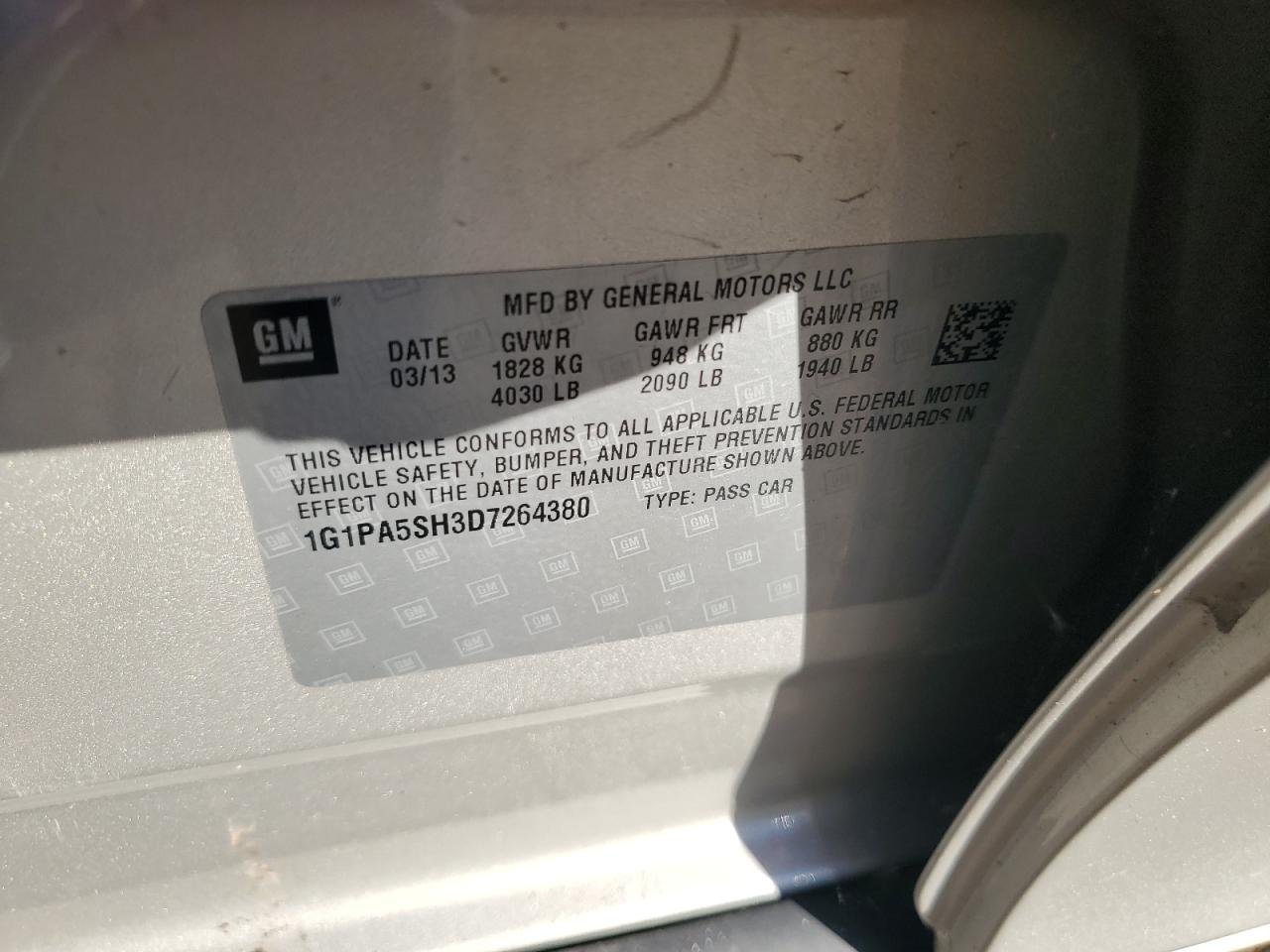 2013 Chevrolet Cruze Ls VIN: 1G1PA5SH3D7264380 Lot: 83837285