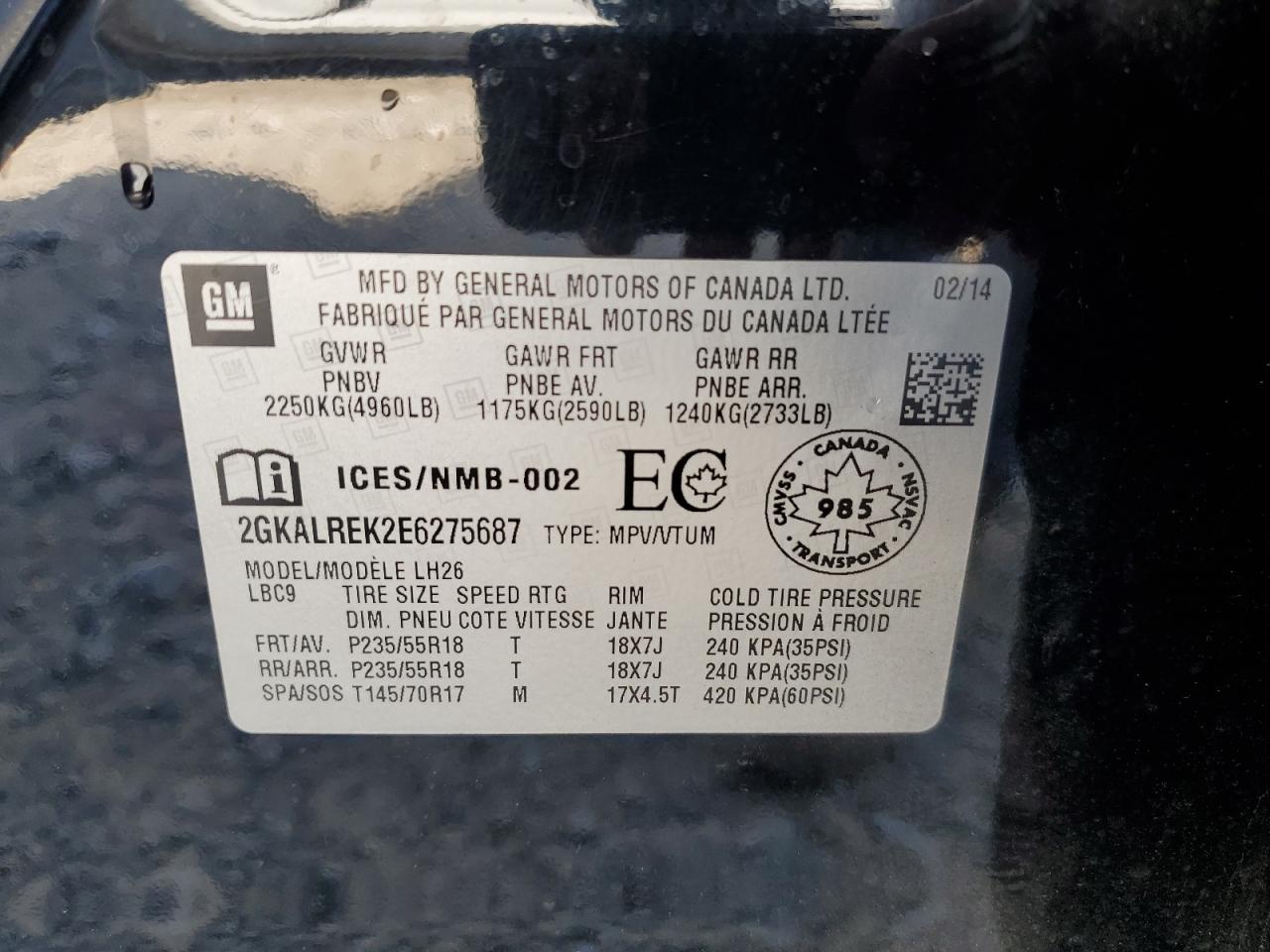 2014 GMC Terrain Sle VIN: 2GKALREK2E6275687 Lot: 84235695