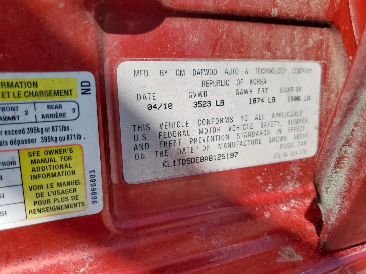 2010 Chevrolet Aveo Ls VIN: KL1TD5DE8AB125197 Lot: 83841875