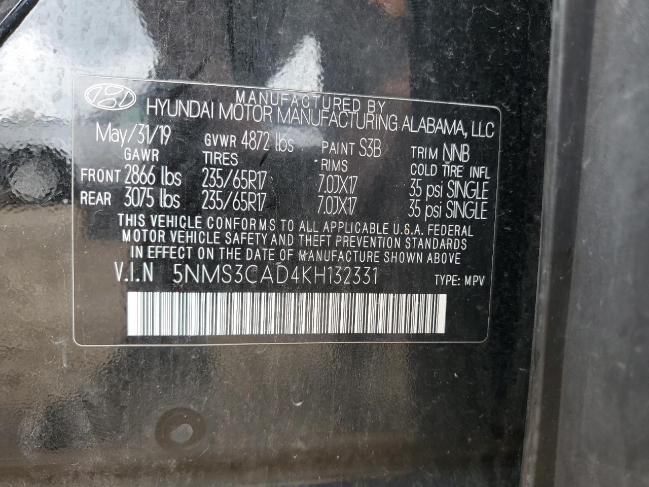 2019 Hyundai Santa Fe Sel VIN: 5NMS3CAD4KH132331 Lot: 81718975