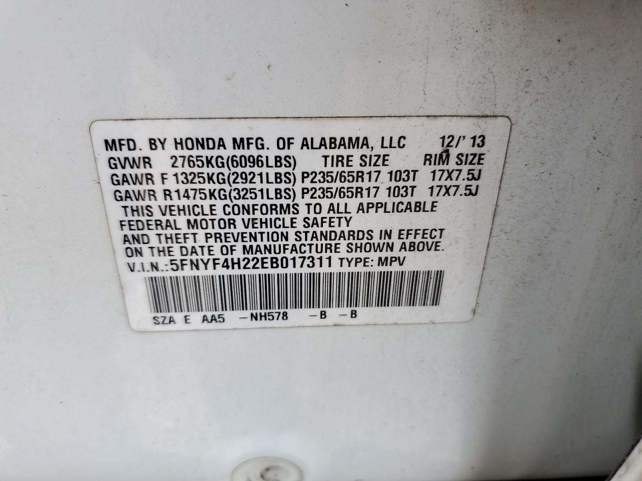 2014 Honda Pilot Lx VIN: 5FNYF4H22EB017311 Lot: 81759515