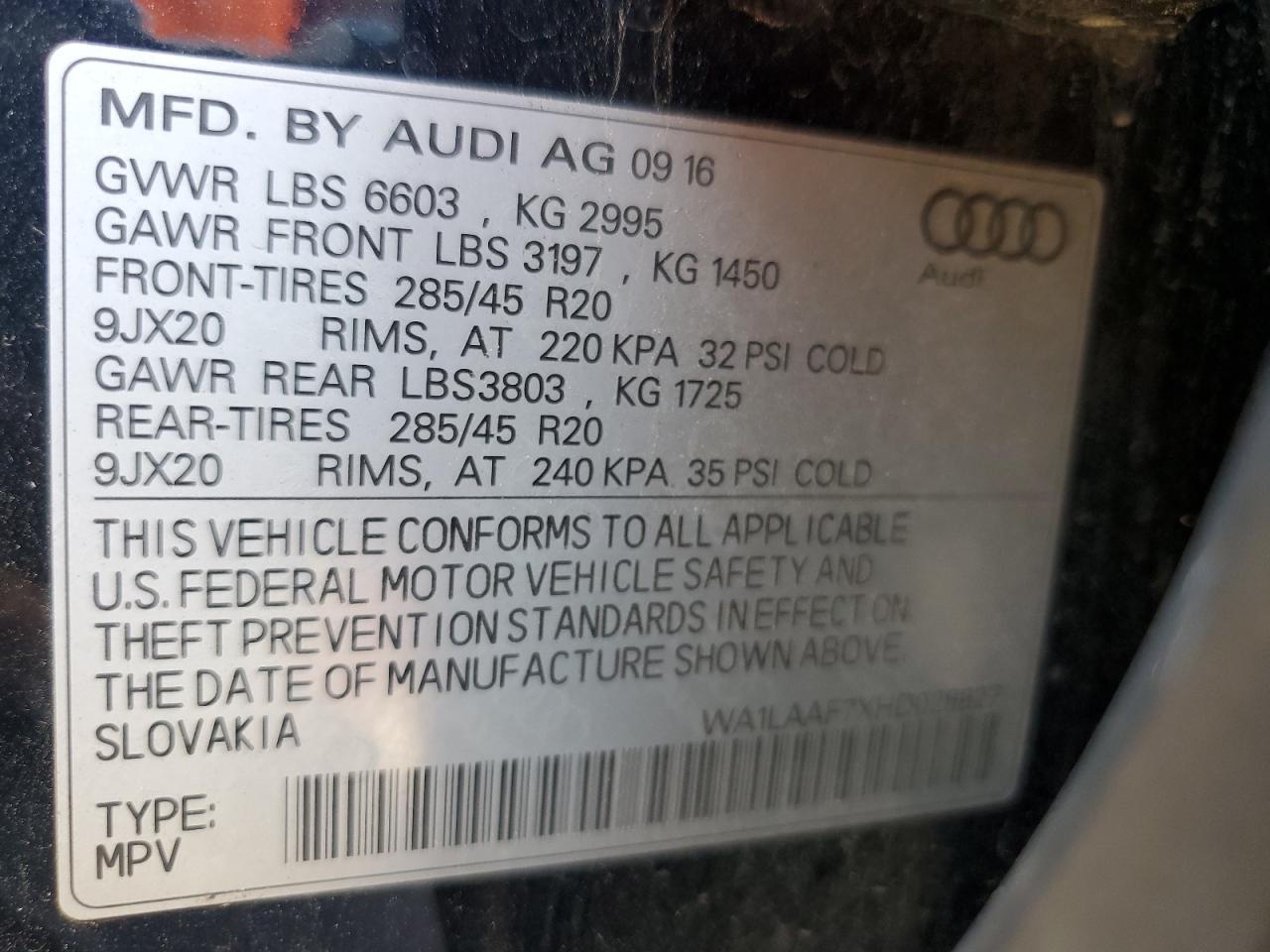 2017 Audi Q7 Premium Plus VIN: WA1LAAF7XHD028827 Lot: 80782035