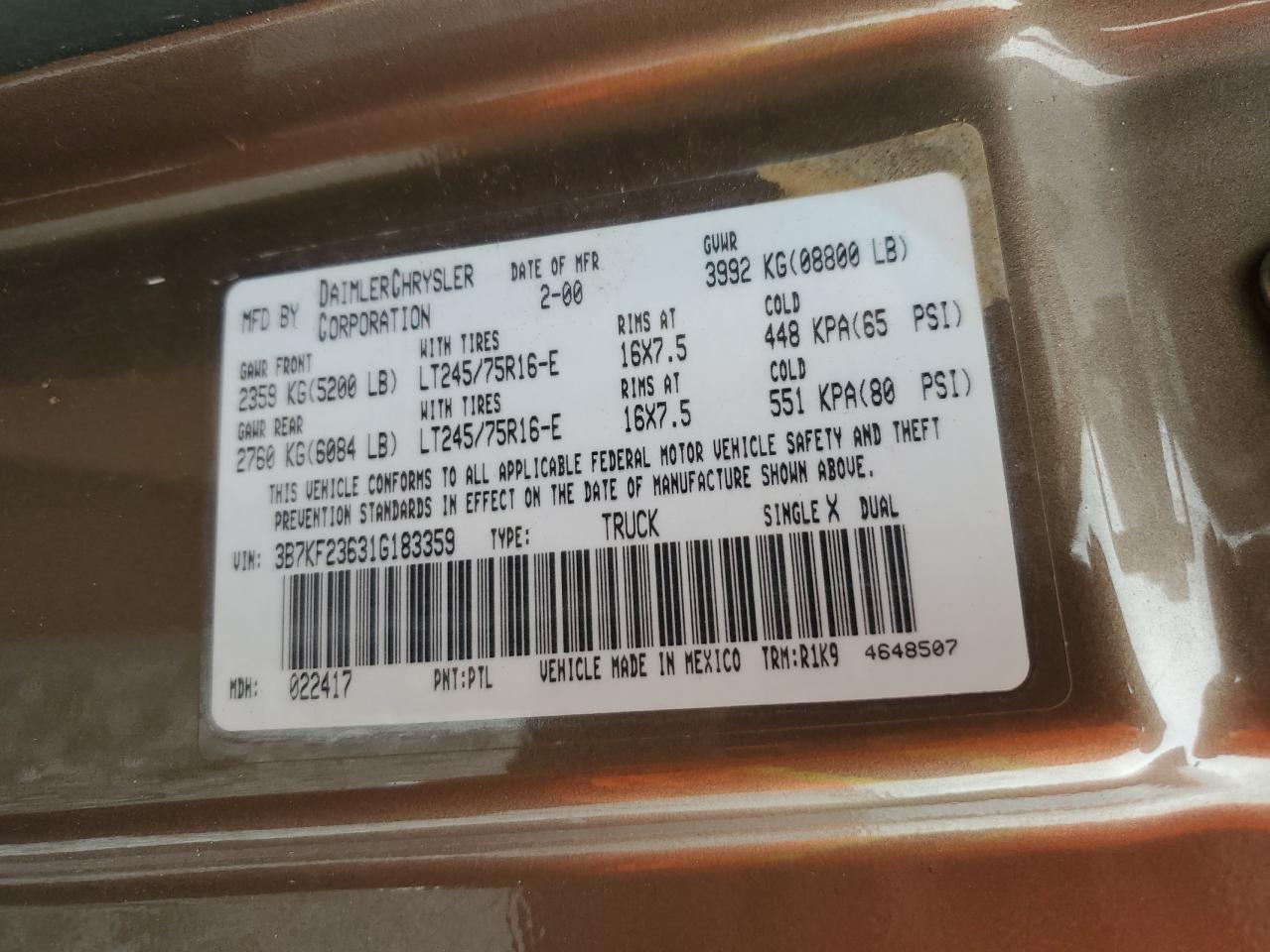 2001 Dodge Ram 2500 VIN: 3B7KF23631G183359 Lot: 70359665