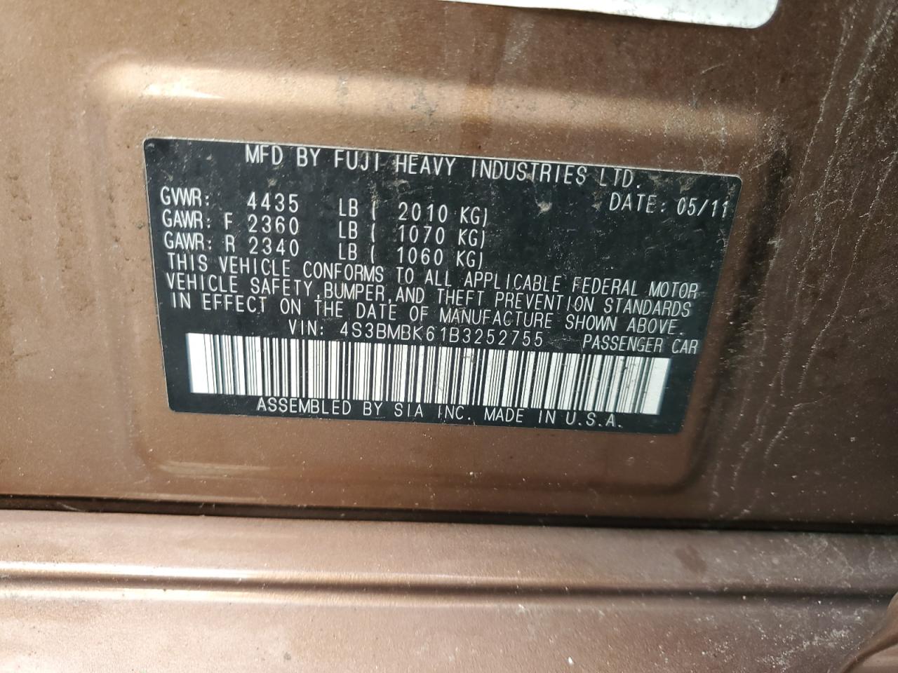 2011 Subaru Legacy 2.5I Limited VIN: 4S3BMBK61B3252755 Lot: 81330785