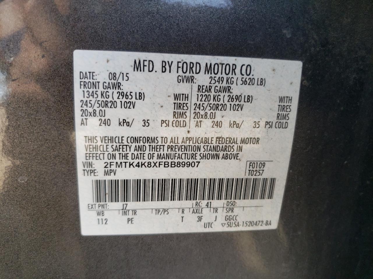 2015 Ford Edge Titanium VIN: 2FMTK4K8XFBB89907 Lot: 80354365