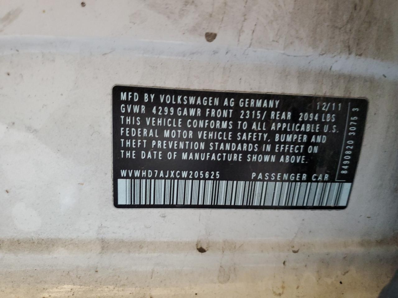 2012 Volkswagen Gti VIN: WVWHD7AJXCW205625 Lot: 80247865