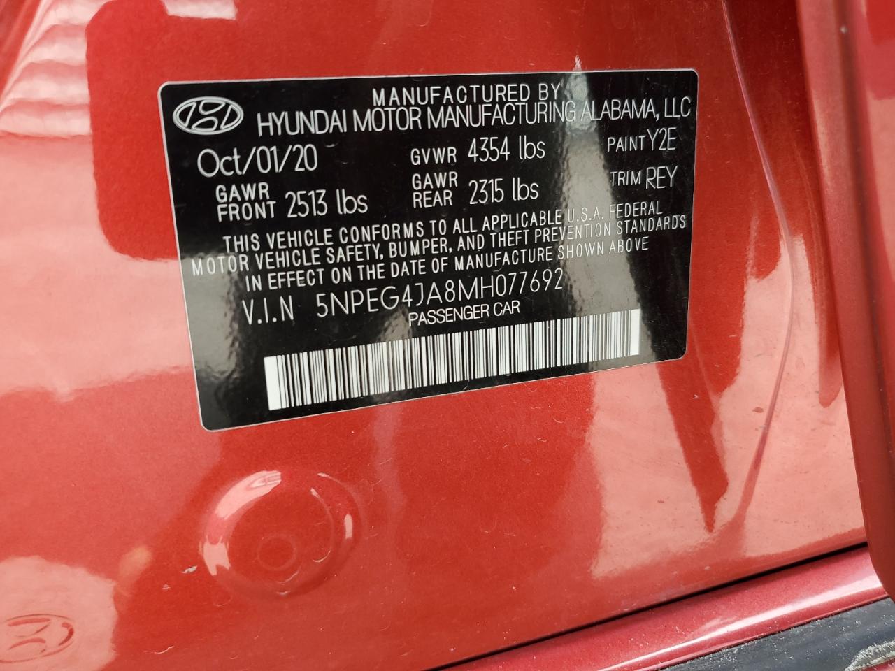 2021 Hyundai Sonata Se VIN: 5NPEG4JA8MH077692 Lot: 80694185