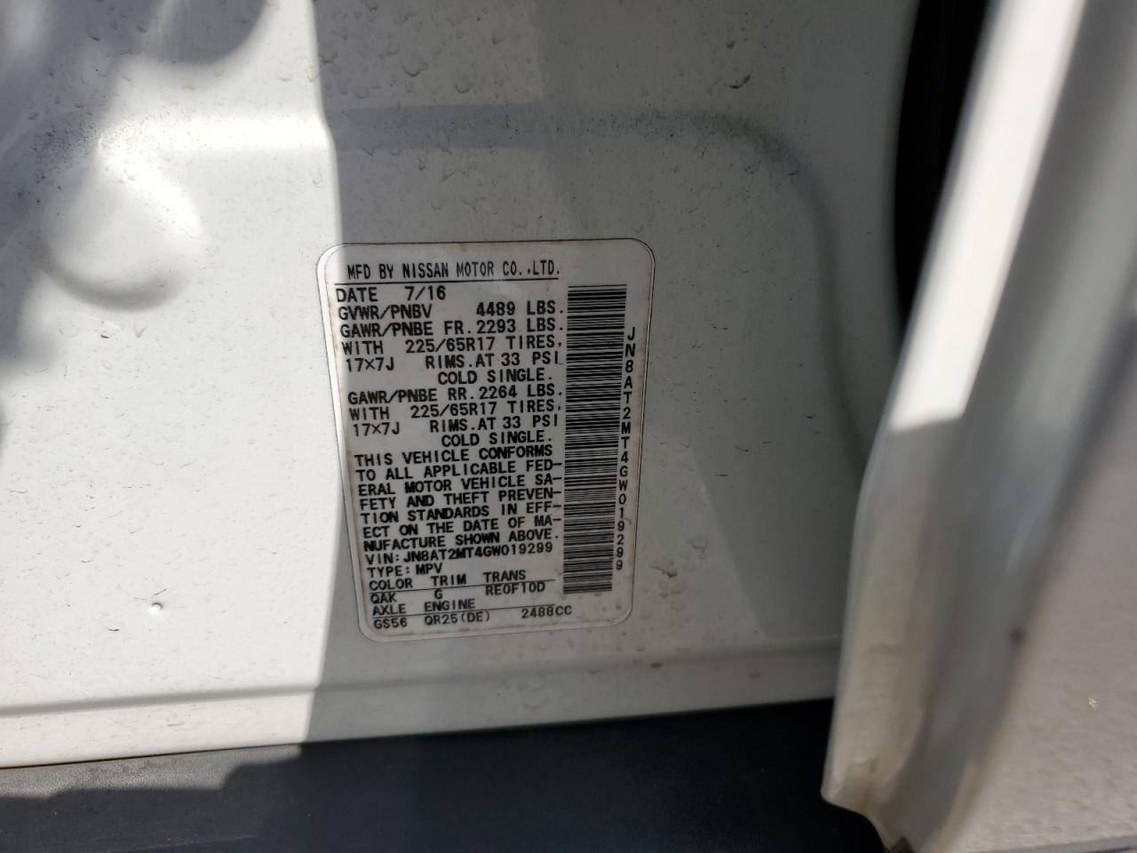 2016 Nissan Rogue S VIN: JN8AT2MT4GW019299 Lot: 81149945