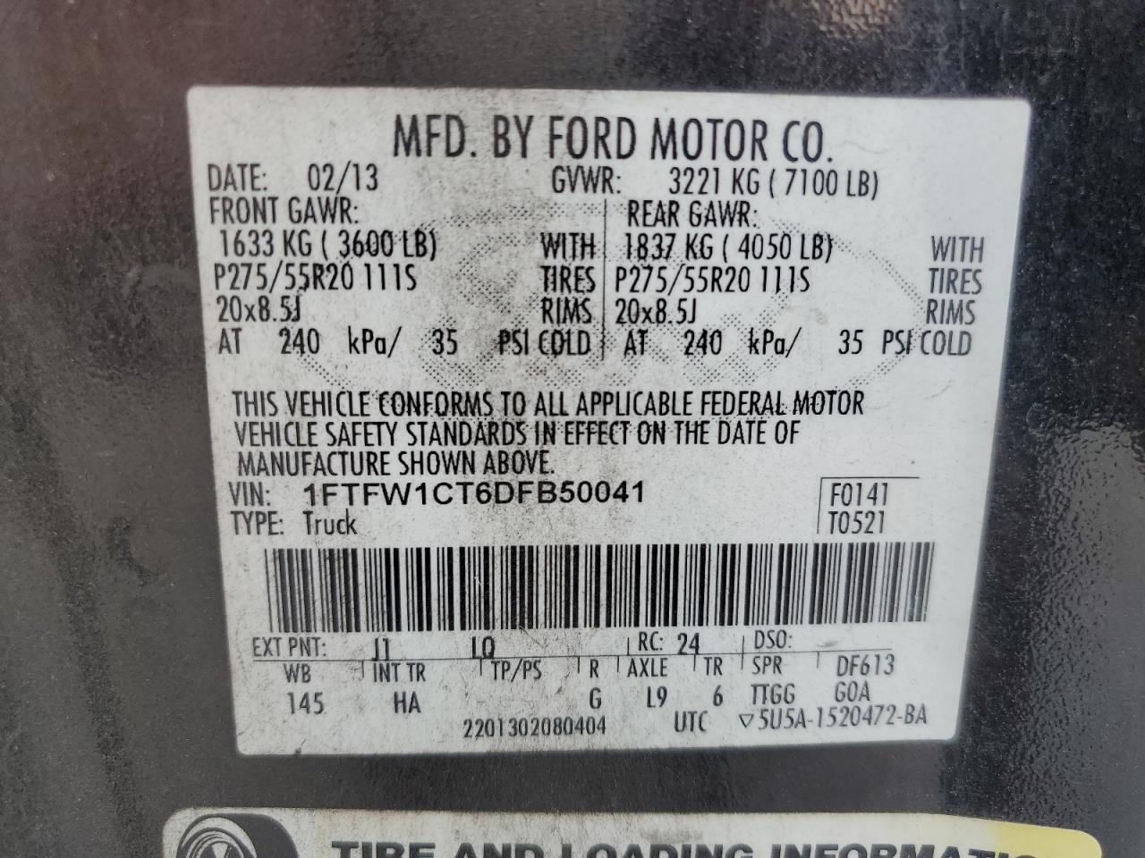 2013 Ford F150 Supercrew VIN: 1FTFW1CT6DFB50041 Lot: 81368705